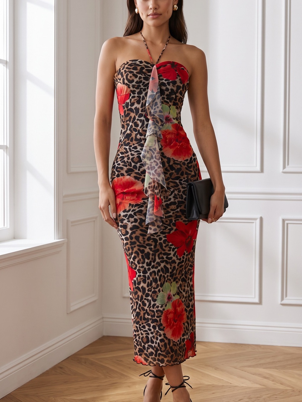 Strapless Red Floral Leopard Ruffle Midi Dress - Picture 2 of 6